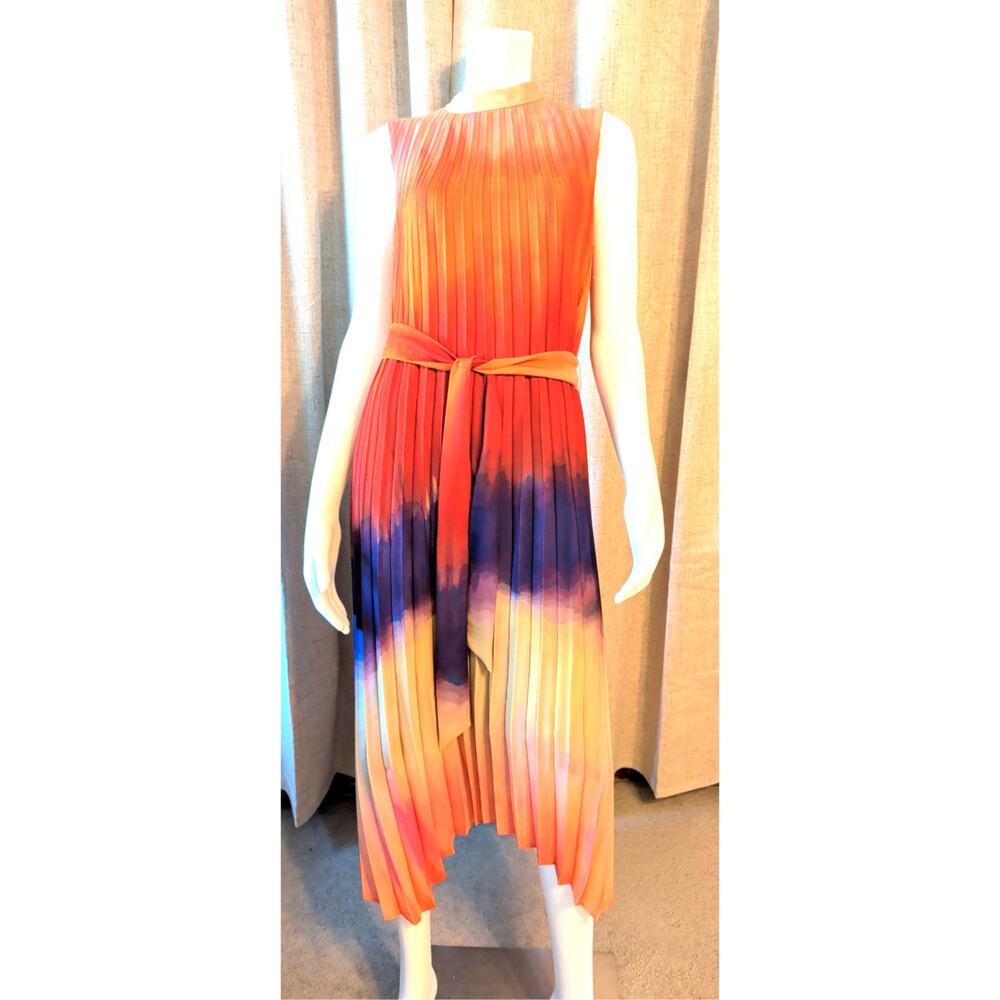 Tahari ASL Women's Mock Neck Ombré Pleated Chiffon Midi Dress Orange Multi Sz 4